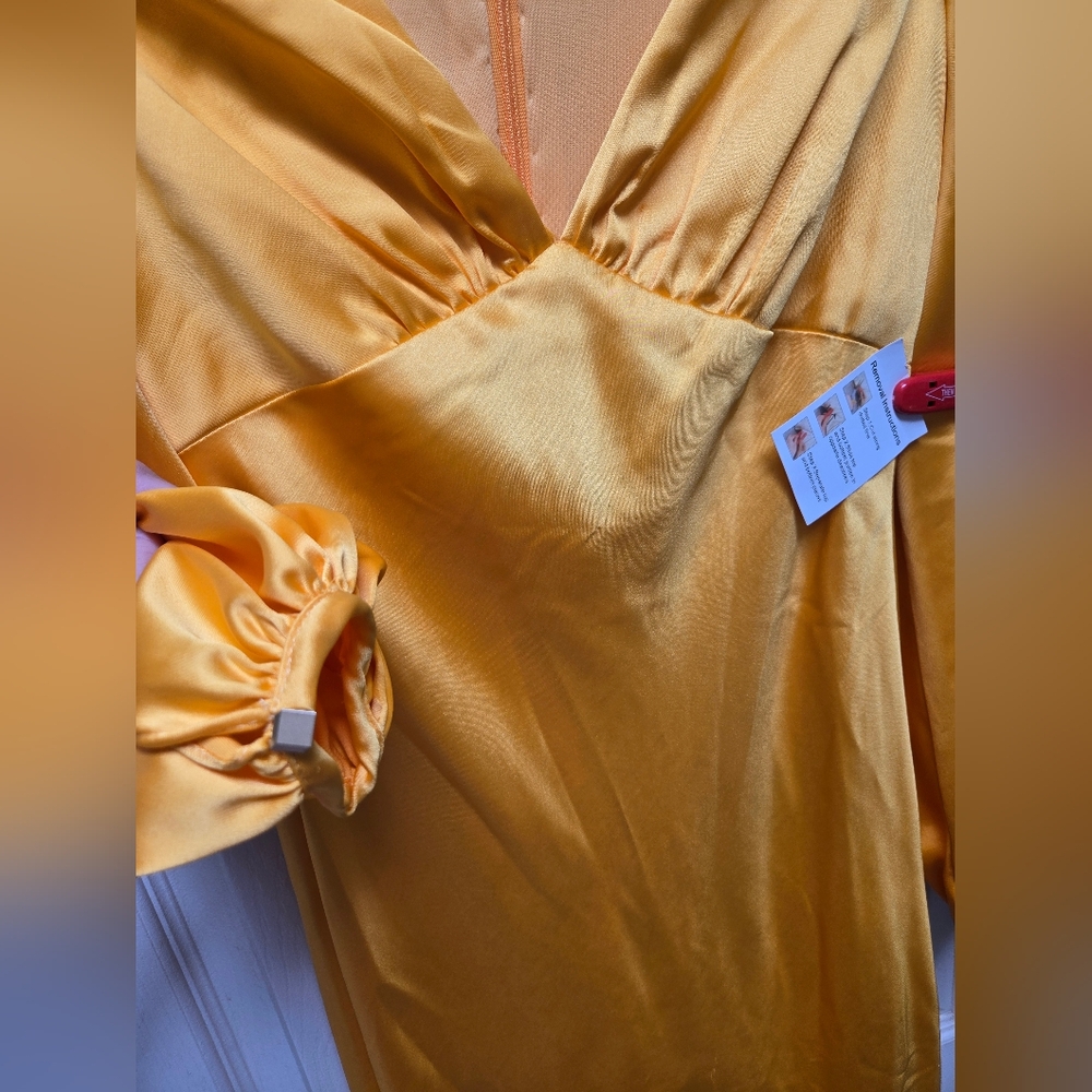 NWT Ieena for Mac Duggal 55693 Marigold Empire Waist Bishop Sleeve Dress, Size 2 - Picture 5 of 11